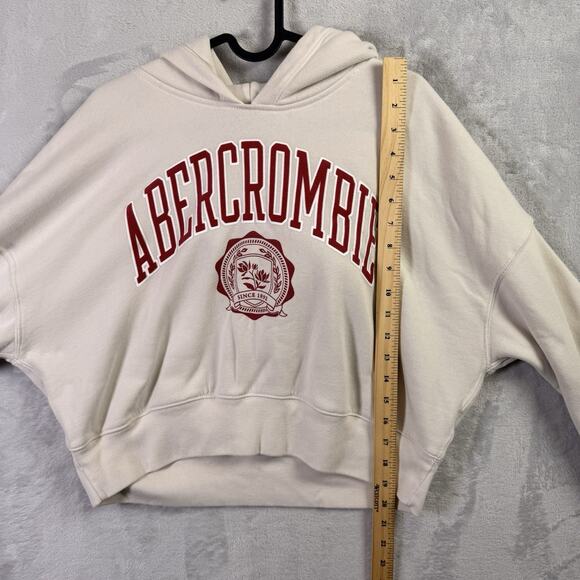 Abercrombie & Fitch Hoodie Women's Medium Cropped Cream/Red Velvet Print Lounge - Picture 11 of 13